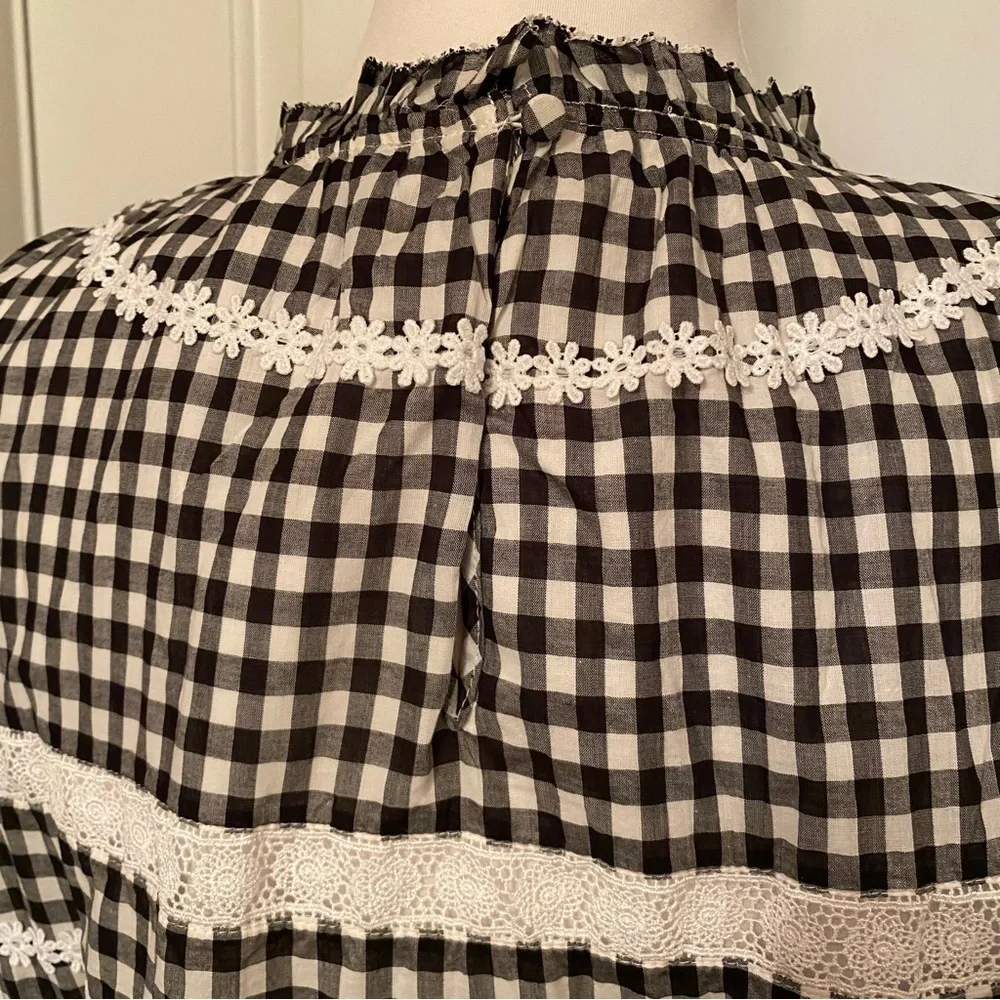 J. CREW NEW TOP BLOUSE BLACK WHITE GINGHAM CHECK LACE SHORT PUFF SLEEVE SIZE M